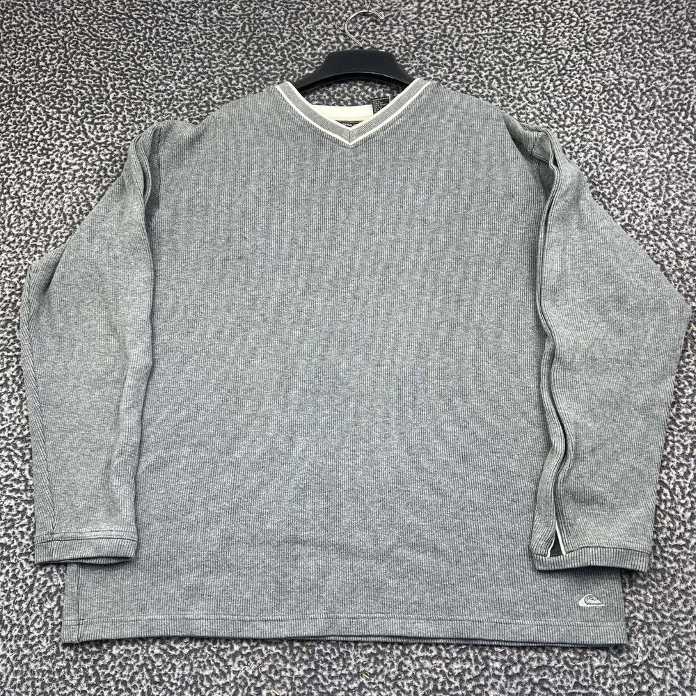 Quiksilver Sweater Men XL Gray Ribbed V-Neck Long Sleeve Cotton Pullover Y2k